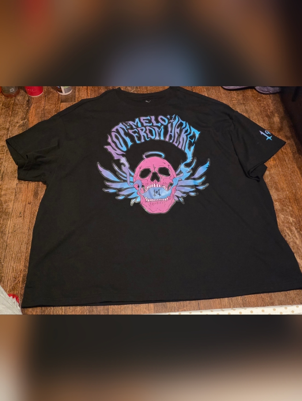 Puma Black Tee with Pink & Light Blue Skull Graphic
